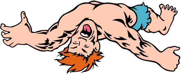 The image shows a cartoon of an animated character with muscular arms stretched out as if falling forward while wearing blue shorts; it is set against a black background without any other objects or people visible in this small clip-art format.