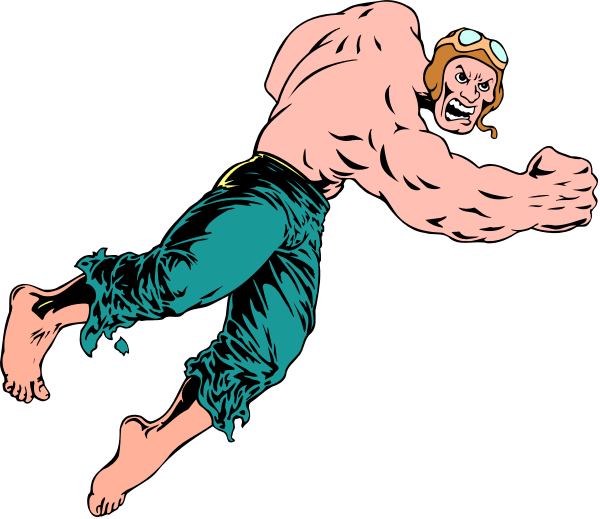 The image shows a black and white comic book illustration of two muscular men with exaggerated features; both have large muscles but one is more defined than the other due to his pose which suggests he's in motion, possibly running or jumping forward while looking back at another man who appears surprised by this action.