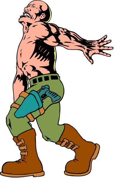The image shows a cartoon of an animated man with muscular arms holding his head back as if he's shouting in pain while standing on one leg; behind him is another character who appears to be shooting at something, and there seems to be some sort of explosion or impact effect around the first figure.
