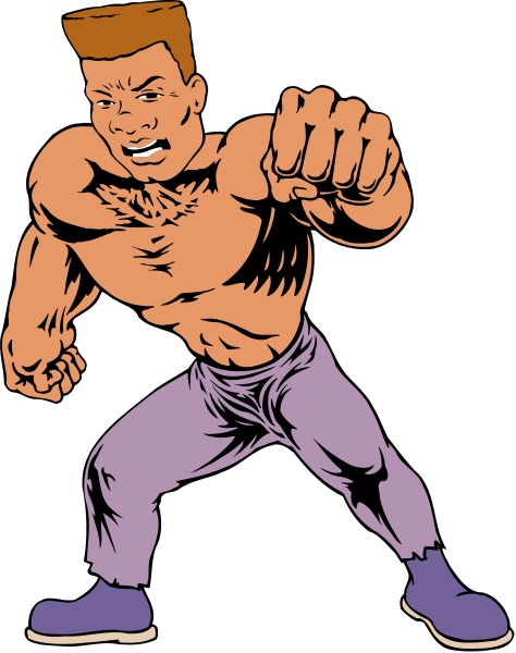 The image shows a cartoon of an animated male character with muscular build wearing purple pants standing on two legs while flexing his muscles in one hand against a black background.