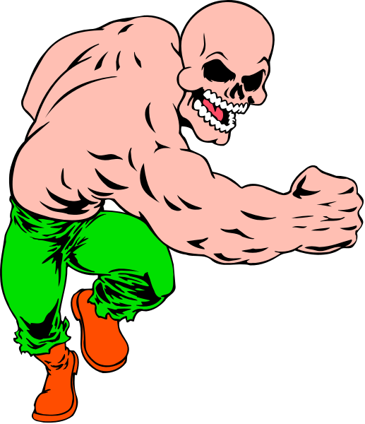 The image shows a cartoon of an animated character that resembles a muscular man with exaggerated features such as large muscles and teeth in his mouth, wearing green pants and running on what appears to be black pavement against a dark background.
