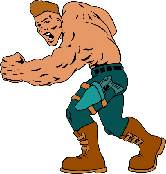 The image shows two cartoon characters of a muscular man with exaggerated features; he is depicted from different angles: in one frame, facing forward holding his fist up to his face as if shouting, wearing boots and shorts, while on another side, walking away looking back over shoulder at the viewer.