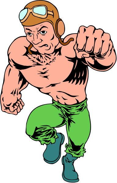 The image shows a cartoon of an animated male character with muscular build wearing green pants running forward while flexing his muscles in front of him against a black background.