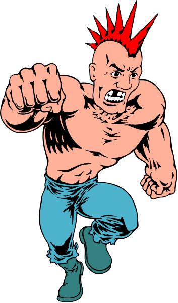 The image shows a cartoon of an animated male character with red hair running forward while making a fist gesture towards something off-frame to his right side. He is wearing blue jeans and has tattoos on both arms, suggesting he might be from a punk subculture or have some form of rebellious personality trait associated with him in the context of this image. The background appears dark but does not provide any additional details about setting beyond being an unspecified backdrop for the character's action pose.
