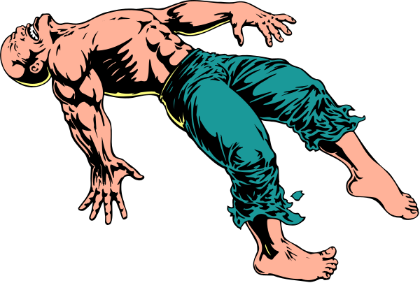 The black and white comic book panel shows a muscular man with his arms outstretched as if he is flying through mid-air above another figure who appears to be lying on their back in distress; both characters have exaggerated facial expressions, suggesting an intense moment of action or emotion.