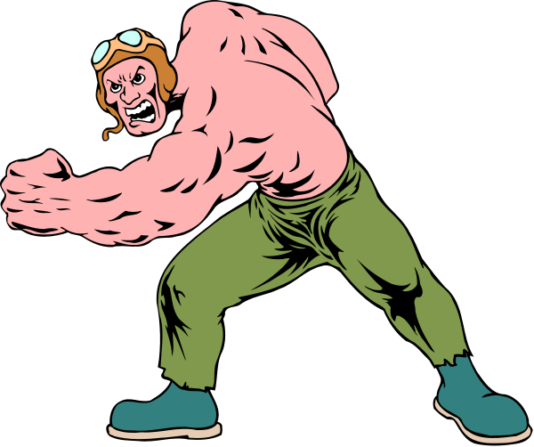 The illustration shows a muscular man with exaggerated muscles flexing his arms while standing on what appears to be an alien landscape under a dark sky.