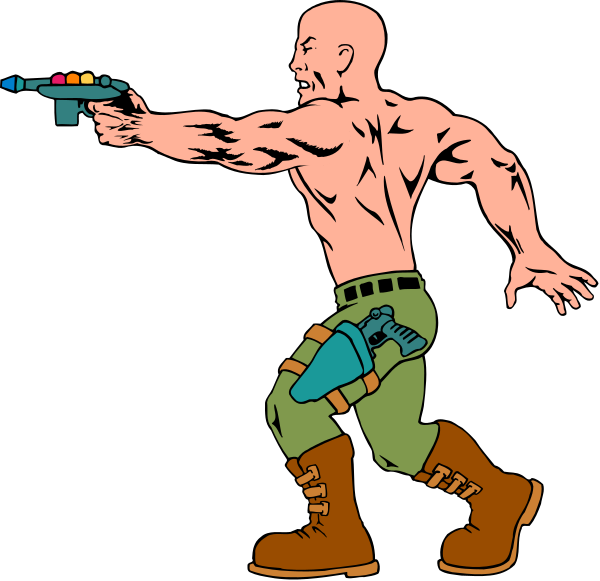 The illustration depicts a muscular man with brown hair wearing sunglasses on his head, holding two guns crossed in front of him while standing outdoors during daylight hours. He is dressed casually in shorts and boots, carrying an object that resembles a backpack or satchel over one shoulder.