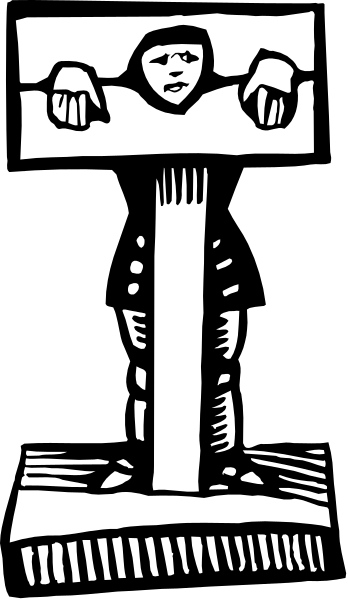 The black and white illustration shows a cartoon of an individual with their arms tied to two posts on either side; above them is a sign that reads "guilty."
