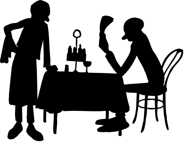 The black and white silhouette of a person holding an umbrella with various shapes around them on what appears to be a dark background.