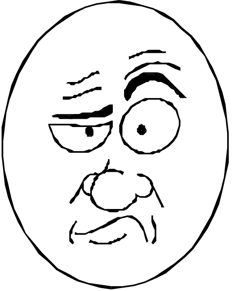 The black and white cartoon shows a face with exaggerated features such as large eyes and eyebrows, an open mouth revealing teeth, and wrinkles on the forehead suggesting concern or worry.