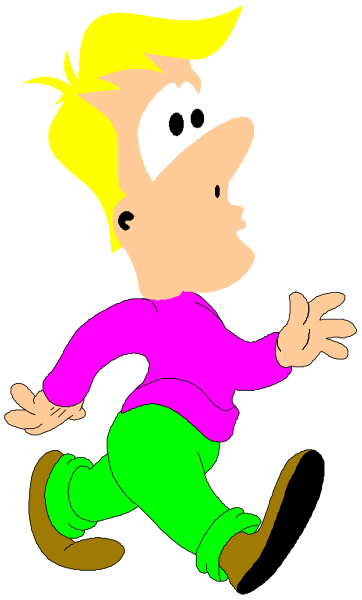 The cartoon shows a man running with his arms outstretched against an abstract background that is predominantly black but has some white elements in it.