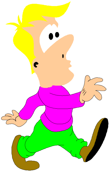 The cartoon shows a man with blonde hair running on his toes while wearing blue jeans and an orange shirt; he is looking to one side as if something has caught his attention.