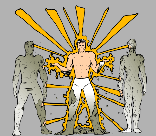 The image shows a comic book illustration of three characters with glowing energy emanating from them; two standing figures on either side appear to be in pain while one central figure is radiating light and seems unaffected, suggesting some sort of supernatural or magical power at play within the context of this scene.