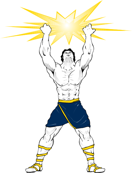 The image shows a cartoon of an animated male figure with muscular build holding up his right arm to point towards something above him while standing on one leg in front of what appears to be lightning bolts emanating from behind and below, suggesting power or energy; he is wearing shorts that resemble ancient Roman attire.
