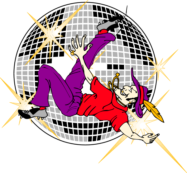 The image shows a cartoon of an animated character performing on stage with disco balls around them; there is also text that reads "Disco Fever."