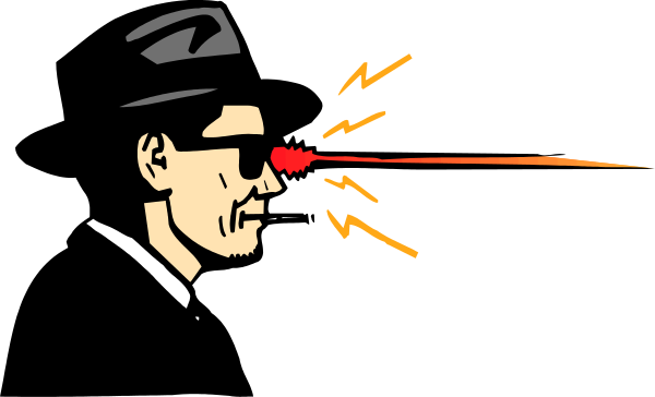 The image shows a cartoon of an animated man with glasses who appears to be speaking into a microphone while emitting laser-like rays from his eyes that hit another figure in front of him; there is no text present, and it's set against a plain background without any additional context or details.