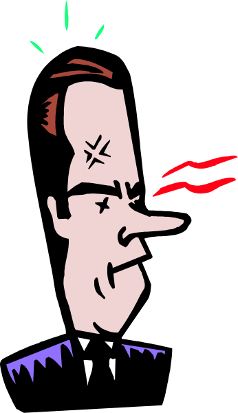 The cartoon shows a man with an exaggeratedly large head looking surprised as he is hit by what appears to be lightning bolts from his own eyes; in front of him stands another figure that seems angry, depicted through red and black lines suggesting motion blur or energy waves emanating from the character.
