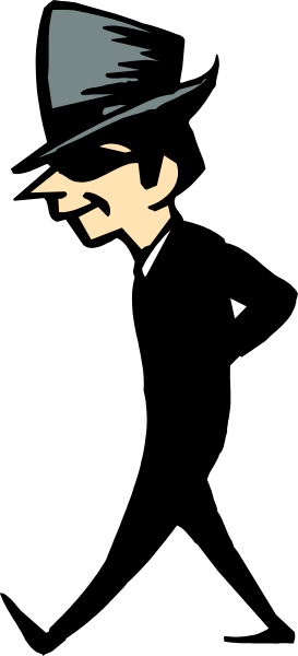 The image shows a man wearing sunglasses peeking out from behind what appears to be an object with vertical lines that could represent blinds or slats of some sort; he is dressed in dark clothing including a hat, and there's no text present within this small clip-art frame.