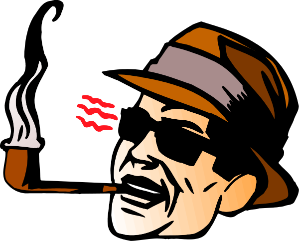 The image shows a cartoon of an animated character who appears to be smoking cigarettes while holding them with his mouth open in front of him; he is wearing sunglasses over one eye and has facial hair, suggesting it might represent a man's face from behind or sideways viewpoint.
