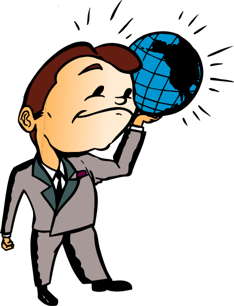The cartoon shows a man holding up an illustration of Earth with his left hand while standing on what appears to be a stage in front of microphone stands; he is wearing formal attire including a suit, tie and dress shoes.