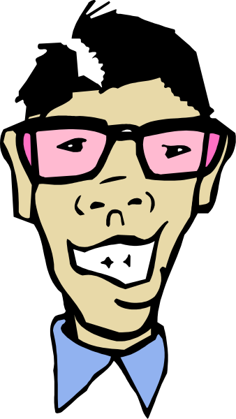 The image shows a cartoon of an animated character with glasses wearing pink frames, smiling broadly at the camera while standing in front of what appears to be a door frame on either side.