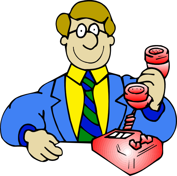 The cartoon shows a man with glasses holding two red phones to his ears while standing at an office desk; he is wearing a blue shirt under a suit jacket over a striped tie.
