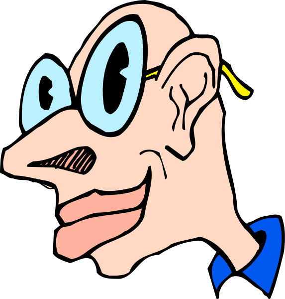 The image shows a cartoon of an old man's face with exaggerated features such as large eyes and nose, depicted in two different states: one where he is smiling broadly at something off-camera to his left, and another showing him frowning or looking downward on the right side.