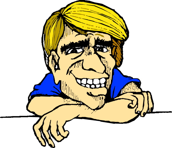 The cartoon shows a man with blonde hair leaning on his elbow while sitting down, wearing blue clothing; he is smiling broadly at something off-frame to his right side of the image.
