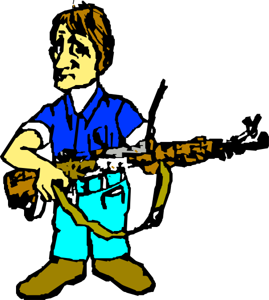 The image features a cartoon of an animated man holding a rifle with his right hand while standing on what appears to be grassy ground in front of him. He is wearing blue jeans rolled up at the bottom, and he has short brown hair. His facial expression seems neutral or slightly serious as he looks directly ahead towards something outside the frame. The background consists only of darker shades that do not provide any additional context about his surroundings beyond a suggestion of an outdoor setting with some greenery visible in front of him.