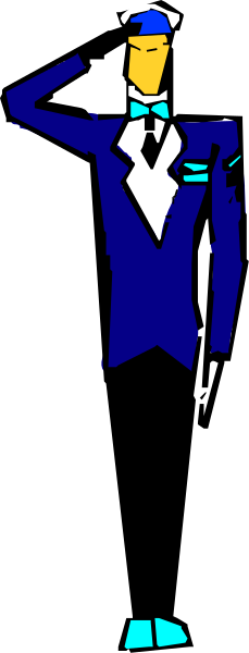 The image shows a pixelated character with blue clothing standing against a gray background; there is no text present within this small clip-art image.