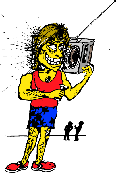 The image shows a cartoon of Homer Simpson holding an old boombox with his left hand while standing on what appears to be grass in front of him; he is wearing red shorts and has short brown hair, smiling as if posing for this illustration.