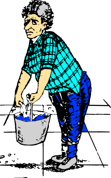 The black and white illustration shows a person washing dishes with their hands at an outdoor sink while holding onto a bucket of water to rinse them off.