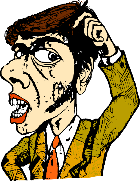 The illustration shows a man with an exaggeratedly large head wearing glasses, pointing to his hairless forehead while standing in front of another figure who appears surprised by this gesture.