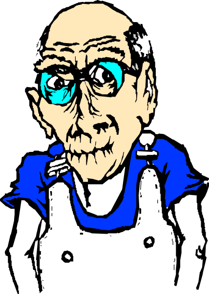 The image shows a black and white illustration of an elderly man with glasses wearing blue clothing standing next to what appears to be a police car door open in front of him.