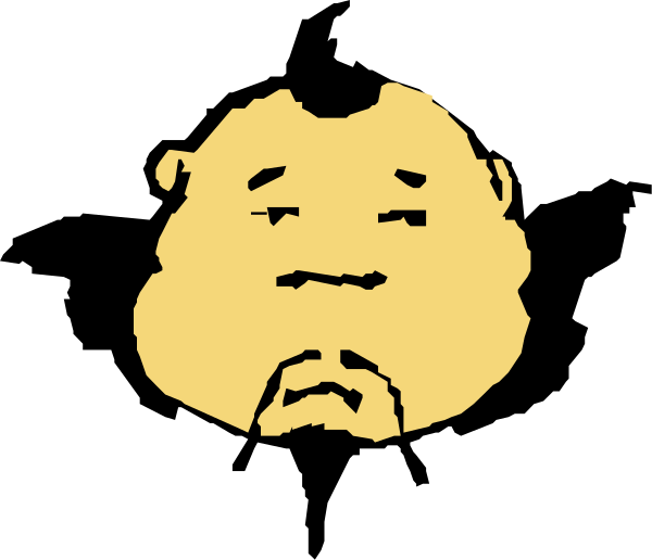 The image shows a black and white cartoon of an animated character with exaggerated facial features looking downward while holding its chin in thoughtful contemplation against a dark background.