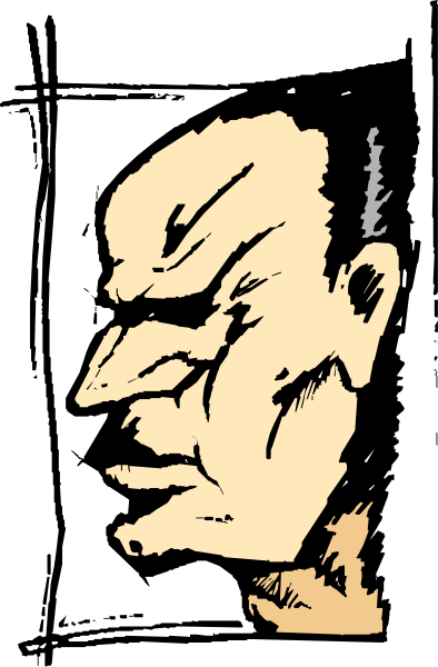 The image shows a black and white illustration of an animated character with exaggerated facial features such as large eyes and eyebrows, depicted in profile view against what appears to be a plain background.
