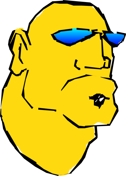 The image shows a cartoon of an animated character wearing sunglasses with blue lenses, sporting facial hair resembling a goatee, and has short brown hair on top.