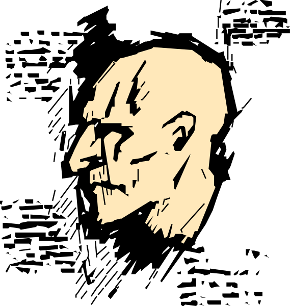 The image shows a black and white illustration of an elderly man with wrinkled skin and dark hair on his head. He has one eye visible in profile view.