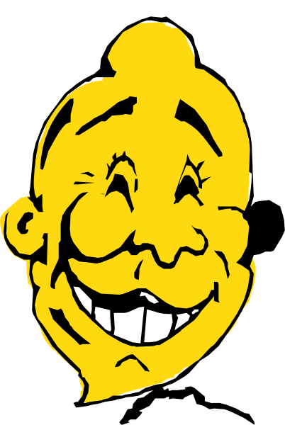 The image shows a cartoon of an animated character with exaggerated facial features such as large eyes and teeth, smiling broadly while looking directly at the viewer.