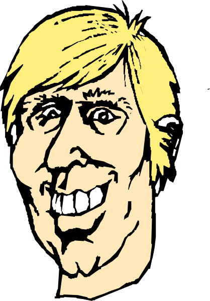 The image shows a caricature of an older man with exaggerated facial features such as large eyes and nose, wearing glasses on his head above his hairline. He has white hair that is styled in spikes atop his balding scalp. His expression appears to be one of surprise or shock.