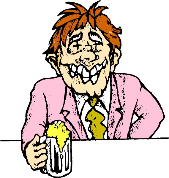 The cartoon shows a man sitting at a table with his mouth open as if he's speaking to someone off-camera. He is wearing a pink shirt under an unbuttoned jacket, has red hair, and holds what appears to be beer in one hand while gesturing towards it with the other. His facial expression suggests surprise or shock. The background of the image features a simple black outline without any additional details that would provide context about location or time period.