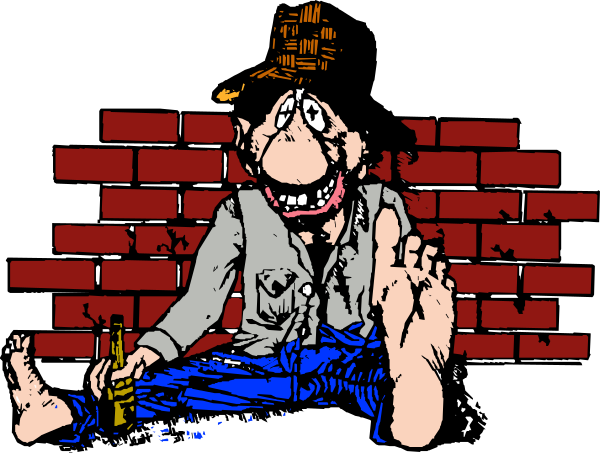 The image shows a cartoon of an animated character sitting on his hands with legs crossed atop what appears to be brick wall textures in red and black tones against white background; he is holding a beer bottle, wearing blue jeans rolled up above boots, has long hair that falls over the eyes.