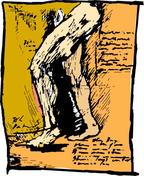 The image shows a black and white illustration of two figures standing close to each other with their backs turned towards us; it appears to be an artistic representation rather than realistic depiction.