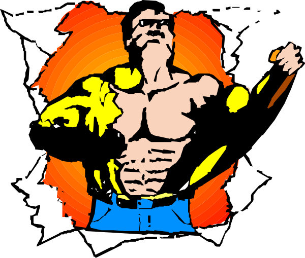 The image shows a black and white illustration of an animated male character with muscular build holding what appears to be a hammer in his right hand while standing against a red background that has orange highlights on either side, giving it a dynamic feel.