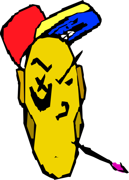 The image shows a cartoon of an animated character with exaggerated facial features such as large eyes and eyebrows, wearing what appears to be a red hat on top of its head.