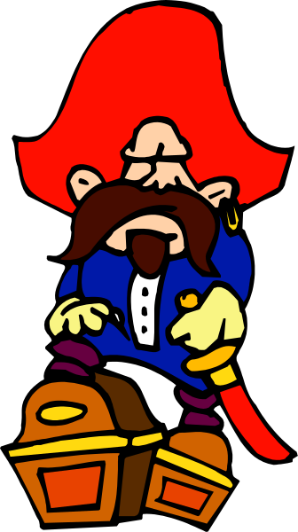 The image shows a cartoon of an animated pirate character with red hair sitting on top of treasure chests while wearing a blue shirt and hat.