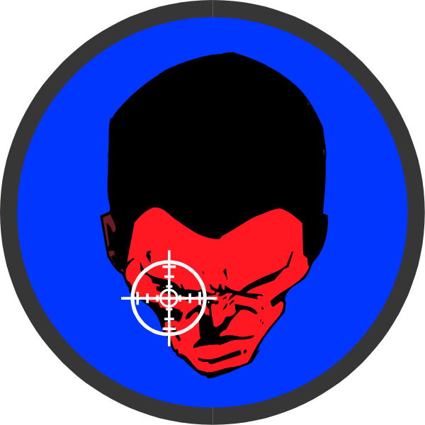 The image shows two circular stickers with a comic book theme featuring stylized characters: on top is an illustration of a man's face in profile view wearing sunglasses; below it to his right, there appears to be another character looking upwards and slightly leftward towards the first. Both are set against blue backgrounds within circular frames that resemble badges or stickers with rounded corners.