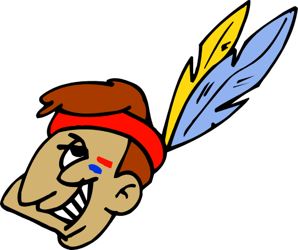 The image shows two cartoon heads with a sports theme; on the left is an Indian headband wearing character's face, while to its right appears another similar figure without any distinctive features other than being in profile and also donning what seems like a feathered headdress or hat.
