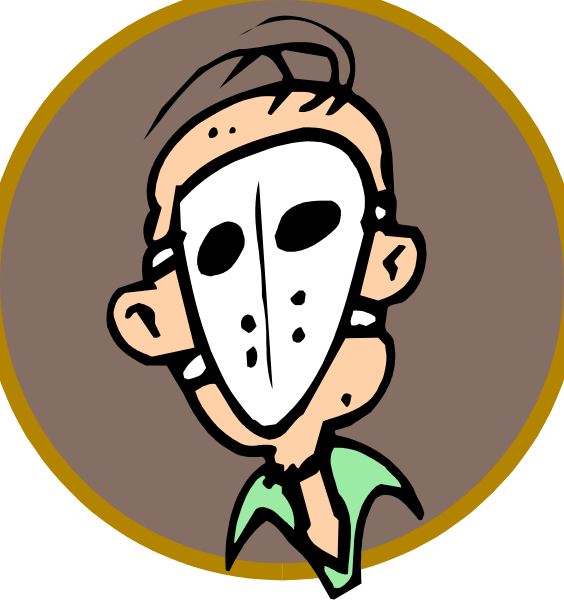 The image shows two panels of a comic strip featuring an animated character with exaggerated facial features resembling a masked figure from horror movies in one panel and then without it in another, transitioning to show only half of its face as if peeking out or hiding behind something else that is not visible.