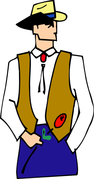 The cartoon depicts a man wearing suspenders standing with his hands on hips against a dark background; he is dressed in blue jeans, a white shirt, brown vest, tan cap, and cowboy boots.